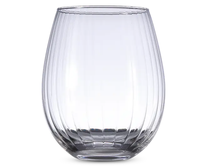 Klar glas med afrundet, stilkløs form og lodrette rillede teksturer, der løber fra top til bund. Glasset har en bred skålform, en glat kant og en tyk, solid bund for stabilitet.