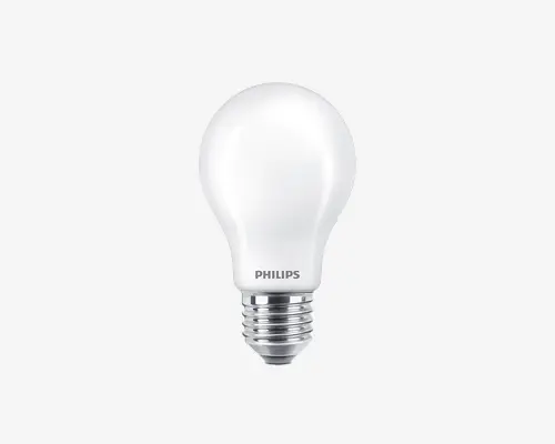 Mat glas lyspære med standard E27 skruefatning og rund form. Pæren har en glat, mat overflade, der giver et blødt og diffust lys, og Philips-logoet er trykt nær soklen. Velegnet til almindelig belysning i hjemmets lamper.