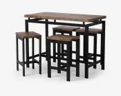 Et spisebordssæt med fem dele bestående af et rektangulært bord og fire matchende taburetter. Bordpladen og sæderne er lavet af kraftigt træ med en rustik, naturlig træstruktur. Stel og ben er fremstillet af sort metal, hvilket giver sættet et industrielt udtryk. Taburetterne er uden ryglæn og kan skubbes ind under bordet for at spare plads.