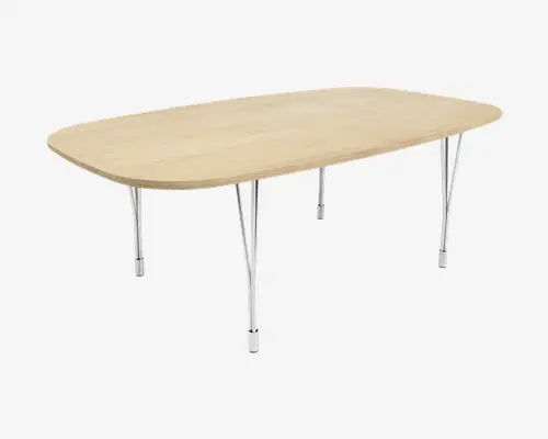 Rektangulært bord med blødt afrundede hjørner og en bordplade i lyst træ. Overfladen har en glat, naturlig finish. Bordet understøttes af seks slanke, forkromede metalben, der er let vinklet udad for stabilitet. Designet er minimalistisk og moderne, velegnet til spise- eller mødelokaler.