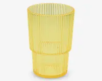 Et højt, cylindrisk drikkeglas lavet af gennemsigtigt gult glas. Overfladen har lodrette rillede linjer, som giver et tekstureret greb, og glasset har en let indsnævring omkring midten, hvilket giver det et stablet udseende. Glassets kant er glat, og bunden er flad.