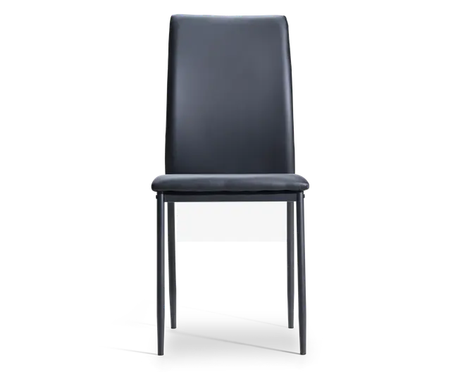 Stol med høj, let skrånende ryg og polstret sæde, begge betrukket med glat sort materiale. Stolen har slanke, lige metalben med mat finish, hvilket giver et moderne og minimalistisk udtryk. Det samlede design er stilrent og enkelt, velegnet til moderne spise- eller kontormiljøer.
