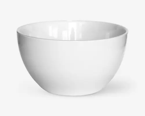 En enkel, rund skål med en glat, blank hvid overflade. Skålen har en let tyk kant og en blødt buet form, hvilket giver et moderne og minimalistisk udtryk. Overfladen er uden dekorationer, hvilket fremhæver det rene og enkle design.