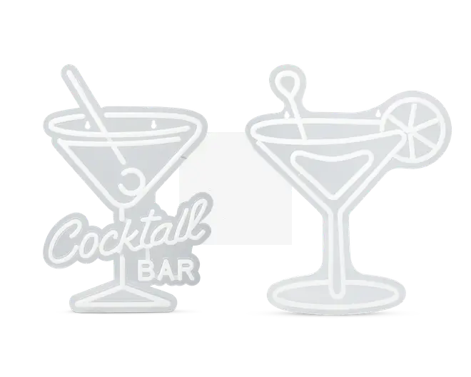 Sæt med to skilte i neon-stil formet som cocktailglas. Det ene skilt viser et martiniglas med en rørepind og en oliven samt teksten 'Cocktail Bar' i kursiv og blokbogstaver ved foden. Det andet skilt forestiller et lignende glas med en rørepind og en citron- eller limeskive på kanten. Begge skilte har en hvid kontur og er designet til at ligne lysende neonlys.