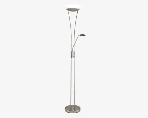 Høj, moderne gulvlampe med børstet nikkelfinish. Lampen har en rund, stabil fod og to opadbuede arme: én, der bærer en stor, lav skålformet hovedlampe øverst, og én med en mindre, justerbar læselampe halvvejs oppe på stangen. Begge lamper har matterede skærme for blød belysning.