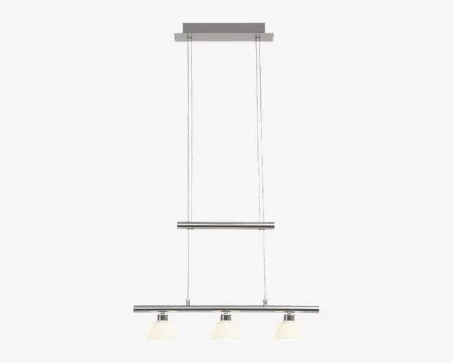 Moderne loftlampe med et rektangulært kromstel og tre jævnt fordelte, nedadrettede lampeskærme i mat glas. Lampen er ophængt i loftet med to parallelle kromstænger, hvilket giver et stilrent og moderne udtryk. Velegnet til køkkenøer eller spiseområder.