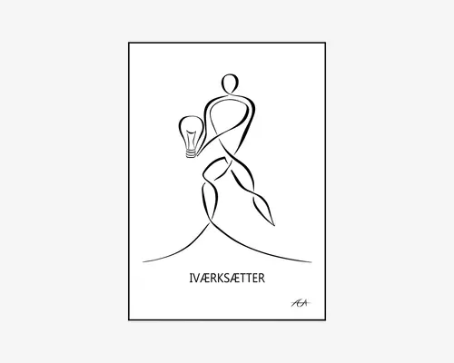 Minimalistisk stregtegning af en stiliseret menneskefigur, der holder en lyspære i den ene hånd, hvilket symboliserer kreativitet eller innovation. Figuren er tegnet med glatte, flydende sorte linjer på en hvid baggrund. Under figuren står ordet 'IVÆRKSÆTTER' med store bogstaver, og der er en lille kunstnersignatur i nederste højre hjørne.