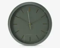 Rund vægur med mat grå ramme og urskive. Uret har minimalistiske guldfarvede time-markeringer og slanke guldfarvede visere til timer, minutter og sekunder. Designet er enkelt og moderne uden tal eller ekstra dekorationer.