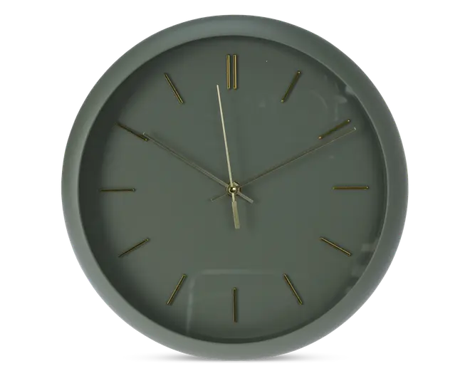 Rund vægur med mat grå ramme og urskive. Uret har minimalistiske guldfarvede time-markeringer og slanke guldfarvede visere til timer, minutter og sekunder. Designet er enkelt og moderne uden tal eller ekstra dekorationer.