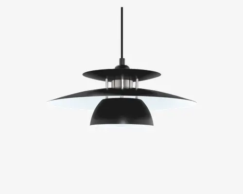 Loftlampe med et moderne, lagdelt design bestående af tre cirkulære, overlappende skærme i mat sort og hvid. Skærmene er arrangeret, så lyset spredes jævnt og blænding reduceres. Lampen har en central ophængsstang og et glat, minimalistisk udtryk, hvilket gør den velegnet til moderne indretning.