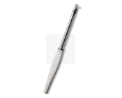 Et slankt, moderne redskab med et langt, blankt metalskaft og et hvidt ergonomisk håndtag. Øverst sidder en lille, roterende klinge, der er designet til præcis skrælning. Håndtaget ser behageligt ud at holde om, og det samlede design er minimalistisk og let at rengøre.