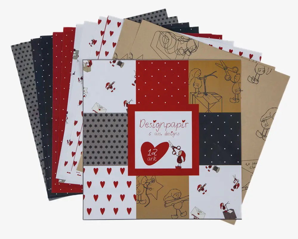 Et sæt dekorative papirer med seks forskellige designs. Mønstrene omfatter små stjerner, røde hjerter, prikker og sjove stregtegninger af festlige figurer og genstande. Farverne er rød, hvid, sort og naturbrun. Hvert ark har en unik kombination af disse motiver, velegnet til hobbyprojekter eller gaveindpakning.