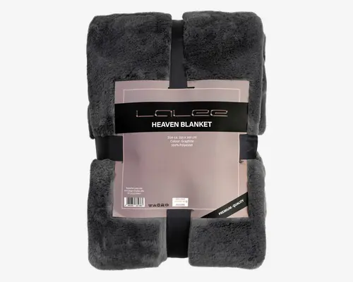 Mørkegråt, ultrablødt og plysset tæppe med en tyk, fluffy tekstur. Tæppet er pænt foldet og fastgjort med sorte stropper til emballering. Etiketten angiver, at størrelsen er ca. 150 x 200 cm, lavet af 100 % polyester, og fremhæver den høje kvalitet. Overfladen ser glat og hyggelig ud, ideel til varme og komfort.