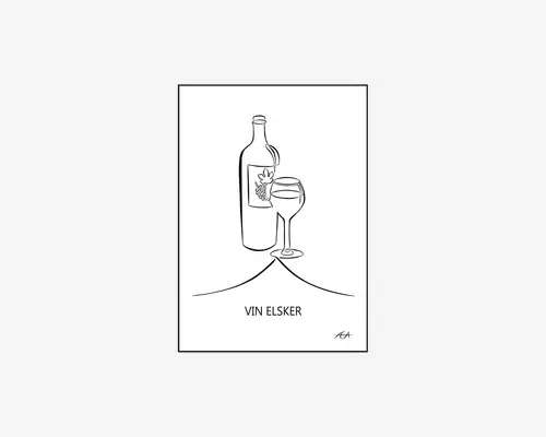 Minimalistisk stregtegning med en vinflaske, der har en etiket med en vindrueklase, samt et fyldt vinglas foran flasken. Designet er enkelt og elegant med rene sorte linjer på hvid baggrund. Under illustrationen står teksten 'VIN ELSKER', og der er en lille kunstnersignatur i nederste højre hjørne.