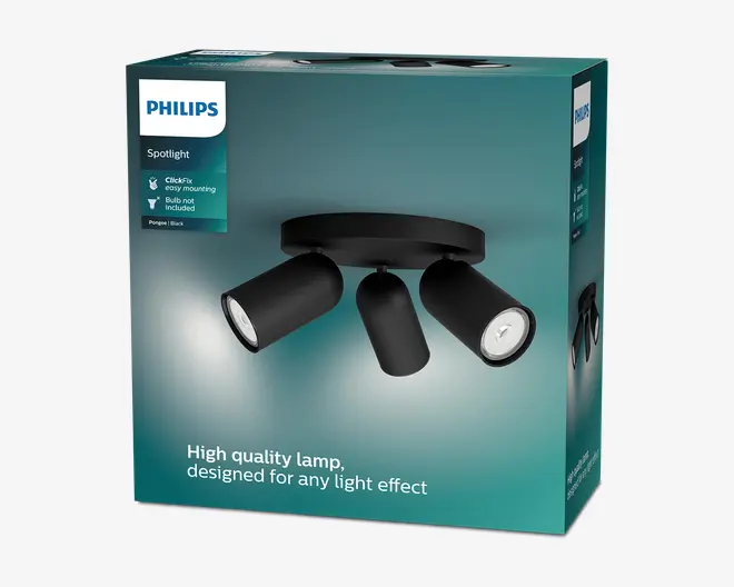 Philips-emballage i turkis med en sort loftlampe med tre justerbare cylindriske spots på en rund monteringsplade samt produkttekst og branding på forsiden.