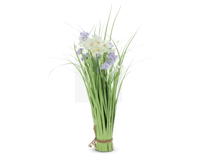 Et bundt lange, slanke grønne stilke bundet sammen med snor i bunden, med fine hvide og lyse lilla blomster i toppen. Arrangementet har et naturligt, frisk udseende med en blanding af græsagtige blade og små blomster.