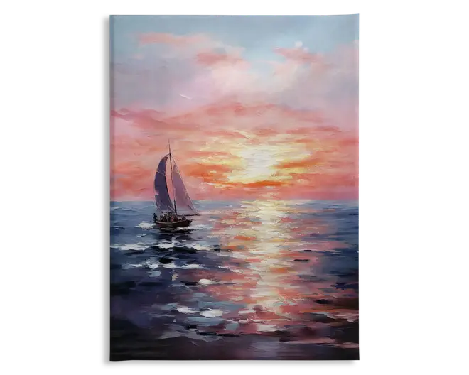 Maleri viser en sejlbåd med én mast, der glider på roligt vand under en solnedgang. Himlen er fyldt med bløde lyserøde, orange og lilla nuancer, som spejler sig i havets bølgende overflade. Sejlbåden er placeret lidt til venstre og har sejlene sat i den lette brise. Stemningen er fredelig og rolig, og maleriet fremhæver solnedgangens skønhed og vandets blide bevægelse.