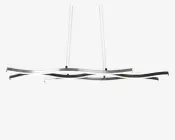 Moderne loftlampe med to sammenflettede, bølgeformede LED-stænger i poleret kromfinish. Lampen hænger fra loftet i to slanke, justerbare stænger, hvilket giver et svævende udtryk. Designet er stilrent og minimalistisk, ideelt til moderne indretning, og giver jævn, diffust belysning langs hele lampens længde.