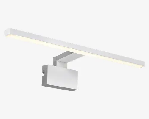 Elegant, moderne vægmonteret lampe med en rektangulær base og en lang, slank, horisontal LED-lysstang. Lampen har en mat hvid finish, hvilket giver et minimalistisk og nutidigt udtryk. LED-stangen giver jævn, diffust belysning, ideel til accent- eller arbejdslys. Designet har rene linjer og rette vinkler, velegnet til moderne indretning.