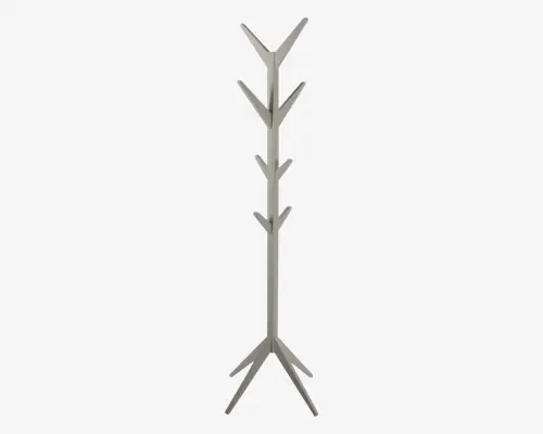 Høj, fritstående stumtjener med et minimalistisk, træinspireret design. Har en central lodret stang med flere skrå grene i forskellige højder til ophængning af ting. Fremstillet af lyst træ med en glat overflade. Stabil base med fire udspredte ben for støtte.