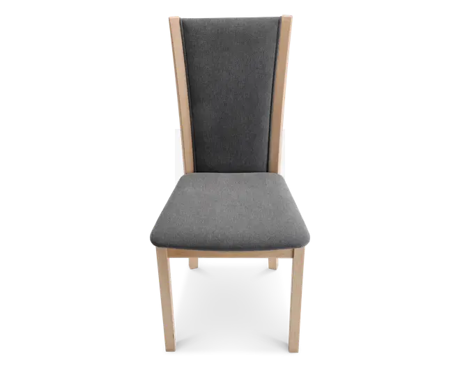 Stol med let træramme og ben, høj og let tilspidset ryg samt polstret sæde, begge betrukket med mørkegråt stof. Ryglænet har en diskret indadgående bue for ergonomisk støtte.