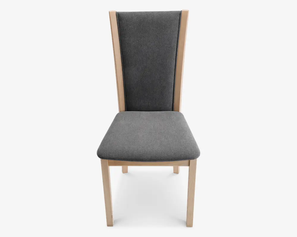 Stol med let træramme og ben, høj og let tilspidset ryg samt polstret sæde, begge betrukket med mørkegråt stof. Ryglænet har en diskret indadgående bue for ergonomisk støtte.