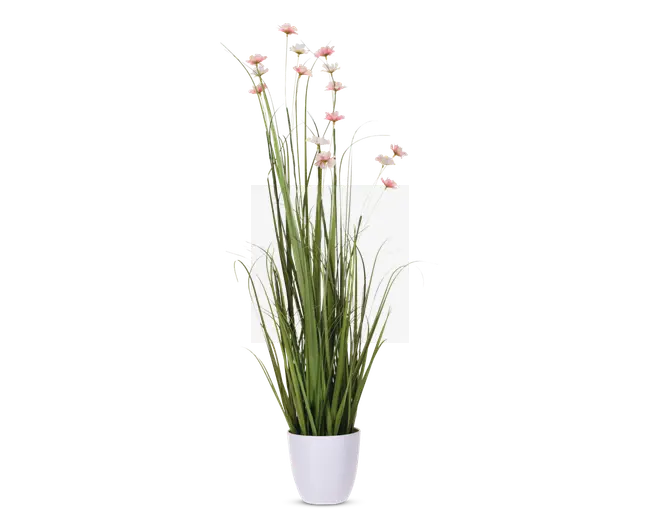 Høj kunstig plante med lange, slanke grønne blade og fine lyserøde og hvide blomster i spidserne, arrangeret i en enkel hvid potte. Planten har et naturligt, græsagtigt udseende og egner sig til indendørs dekoration.