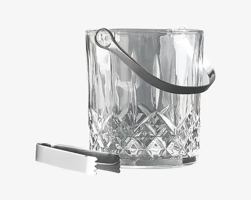 Klar beholder i glas med facetslebet diamantmønster i bunden, udstyret med et solidt metalhåndtag fastgjort i siderne. Medfølger et sæt matchende metaltænger med takket kant til at gribe fat. Glasset har en tyk, solid bund for stabilitet og et elegant, klassisk design.