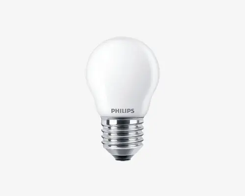 En kompakt, rund LED-pære med mat hvid overflade, der giver et blødt og diffust lys. Pæren har en standard skruesokkel i blankt metal, som passer til de fleste almindelige lampetyper. Mærket 'PHILIPS' er trykt nær soklen. Designet er moderne og minimalistisk, velegnet til energieffektiv belysning.