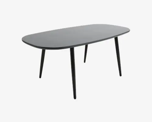 Elegant, moderne bord med en aflang, oval bordplade og afrundede kanter. Overfladen er glat og har en mat, mørk finish. Bordet står på fire slanke, let tilspidsede ben, der er vinklet udad for stabilitet. Minimalistisk design, der passer til nutidige indretninger.