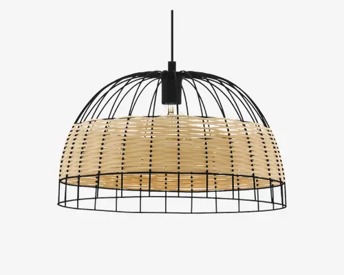 Loftlampe med kuppelformet skærm, der kombinerer en sort metaltrådsramme med et vævet bånd af natur-rattan omkring midten. Det åbne tråddesign lader lyset passere igennem og giver et moderne, men rustikt udtryk. Lampen har en central stang til ophæng i loftet og en synlig pære for et moderne look.