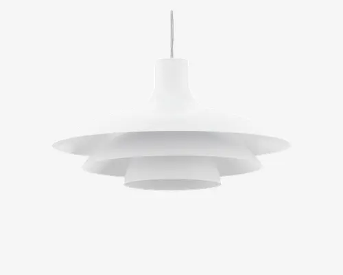 En moderne pendellampe med mat hvid finish, der har et lagdelt, trinvist design med tre brede, cirkulære skærme, som gradvist bliver mindre mod bunden. Lampen hænger fra en central stang og har et glat, minimalistisk udseende, der passer godt til moderne indretning.