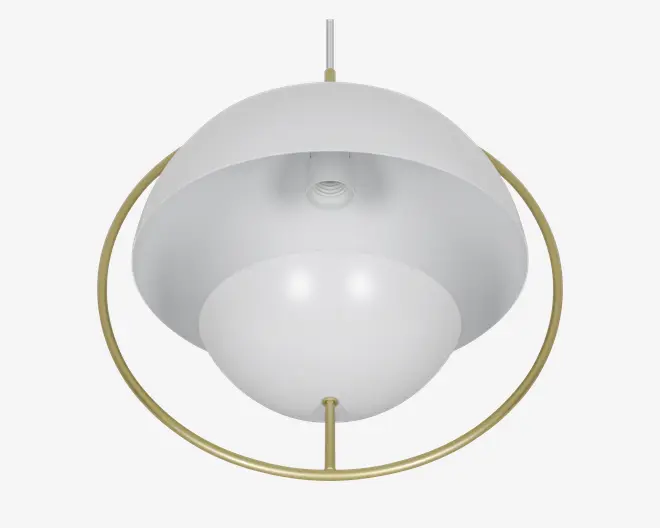 Moderne pendellampe med en mat hvid, kuppelformet skærm med glat overflade. Designet har en central fatning til pære og en dekorativ guldfarvet metalring, der omkranser skærmen og giver et elegant udtryk. Lampen hænger fra en lige stang og passer godt til moderne indretning.