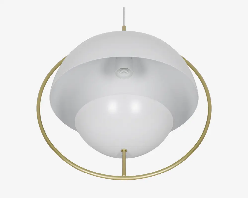 Moderne pendellampe med en mat hvid, kuppelformet skærm med glat overflade. Designet har en central fatning til pære og en dekorativ guldfarvet metalring, der omkranser skærmen og giver et elegant udtryk. Lampen hænger fra en lige stang og passer godt til moderne indretning.