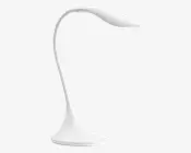 Elegant, moderne lampe med en glat, buet hals og en bred, flad base for stabilitet. Lampen er helt hvid og har et minimalistisk design med en blødt buet stamme, der fører op til et slankt, aflangt lampehoved.