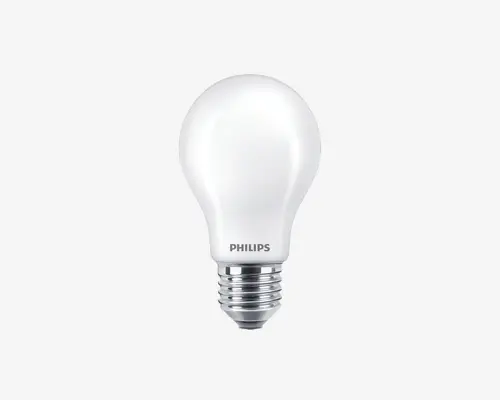 Mat glas pære med standard E27 skruefatning, rund top og glat hvid overflade. Mærket 'PHILIPS' er trykt nær soklen. Pæren har et klassisk A-formet design, velegnet til almindelige belysningsarmaturer.