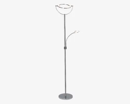 Høj, moderne standerlampe med en slank metalstang og en rund, flad fod. Lampen har to cirkulære LED-lyskilder: en større øverst til generel belysning og en mindre, justerbar halvvejs oppe på stangen til læsning eller opgavebelysning. Lampen har et stilrent, minimalistisk design med kromfinish.