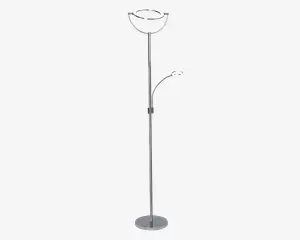 Høj, moderne standerlampe med en slank metalstang og en rund, flad fod. Lampen har to cirkulære LED-lyskilder: en større øverst til generel belysning og en mindre, justerbar halvvejs oppe på stangen til læsning eller opgavebelysning. Lampen har et stilrent, minimalistisk design med kromfinish.
