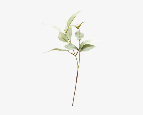 Kunstig eucalyptusgren med flere forgreninger, der har aflange, ovale blade i en blød grøn farve med diskrete sølvfarvede nuancer. Stænglen er slank og brun med realistiske detaljer på blade og årer, hvilket giver et naturligt udseende, der egner sig til dekoration.