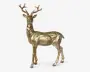 Dekorativ stående hjortefigur med forgrenede gevirer, blank guldfarvet metalfinish og en let patineret, plettet overflade.