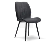 Stol med buet, polstret sæde og ryglæn betrukket med mørkegråt stof. Ryglænet har lodrette, syede linjer for ekstra struktur. Stolen har fire slanke, sorte metalben, der er let skråtstillede for stabilitet og et moderne udtryk.