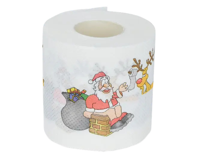 Denne rulle har et festligt tryk med en tegneserieagtig julemand, der sidder på en skorsten, vinker og holder en sæk med farverige gaver. Ved siden af julemanden er et muntert rensdyr med rød næse. Illustrationerne er farverige og legende, hvilket giver produktet et julet tema. Papiret er hvidt og ser blødt ud.