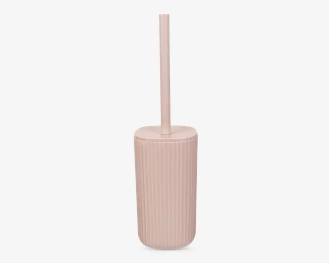 Lysepink cylindrisk beholder med lodret rillet struktur og et matchende lige skaft, der stikker op fra midten.