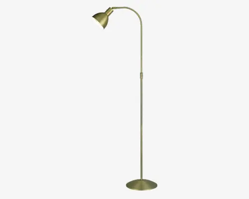 Høj gulvlampe med børstet messingfinish, rund og stabil fod samt en slank, lige stang, der buer øverst. Lampeskærmen er justerbar, så lyset kan rettes, og har en konisk form, der fokuserer lyset nedad. Designet er minimalistisk og moderne, velegnet til læsning eller stemningsbelysning.