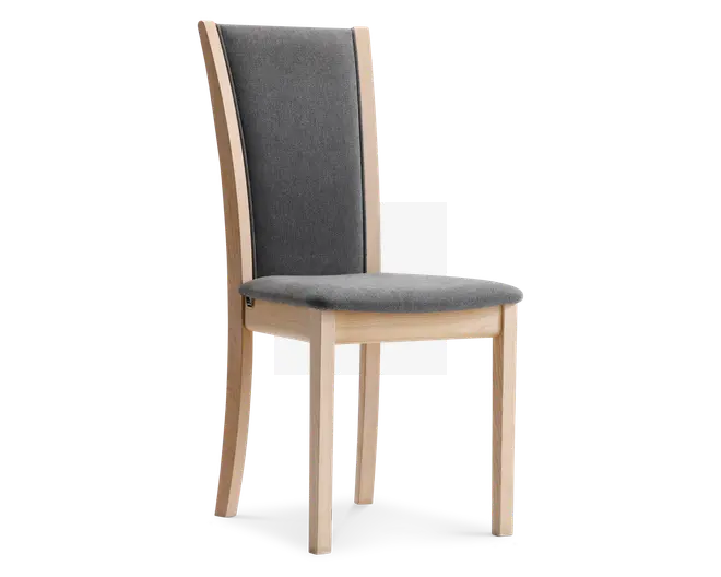 Stol med høj, let buet ryg og polstret sæde, begge betrukket med mørkegråt stof. Stel og ben er lavet af lyst træ med en glat finish og let tilspidsede ben, hvilket giver et moderne udtryk. Ryggen er ergonomisk formet for ekstra komfort.