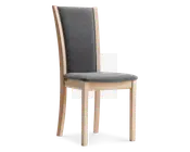 Stol med høj, let buet ryg og polstret sæde, begge betrukket med mørkegråt stof. Stel og ben er lavet af lyst træ med en glat finish og let tilspidsede ben, hvilket giver et moderne udtryk. Ryggen er ergonomisk formet for ekstra komfort.