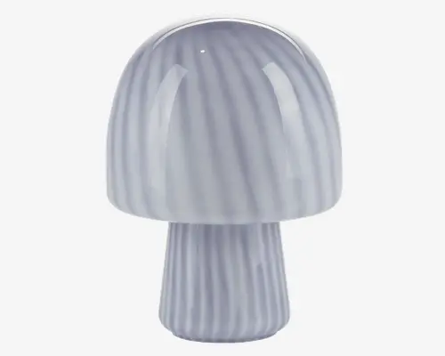 Glat, blank genstand formet som en svamp med en rund top og cylindrisk stilk. Overfladen har diskrete lodrette striber i forskellige nuancer af lysegrå og hvid, hvilket giver et blødt og moderne udtryk. Finishen er reflekterende og tilføjer et stilrent, dekorativt præg.