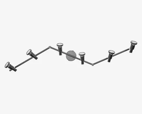 Moderne loftsskinne med seks justerbare cylindriske spotlys monteret på en zigzag-formet metalskinne. Lampen har en elegant, mat sort finish, og hvert spotlys kan drejes for at rette lyset efter behov. Den centrale monteringsplade er rund og matcher skinnen, hvilket giver et ensartet udseende. Velegnet til fleksibel belysning i stue, køkken eller kontor.