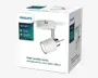 Billedet viser en detailæske til en Philips spotlampe. Æsken har et foto af produktet, som har et moderne, cylindrisk hvidt lampehoved med metalaccent og et rundt loftbeslag. Emballagen fremhæver, at der ikke medfølger pære, og at lampen er lavet af materialer i høj kvalitet. Designet er minimalistisk, og lampehovedet ser ud til at kunne justeres for retningsbestemt belysning.