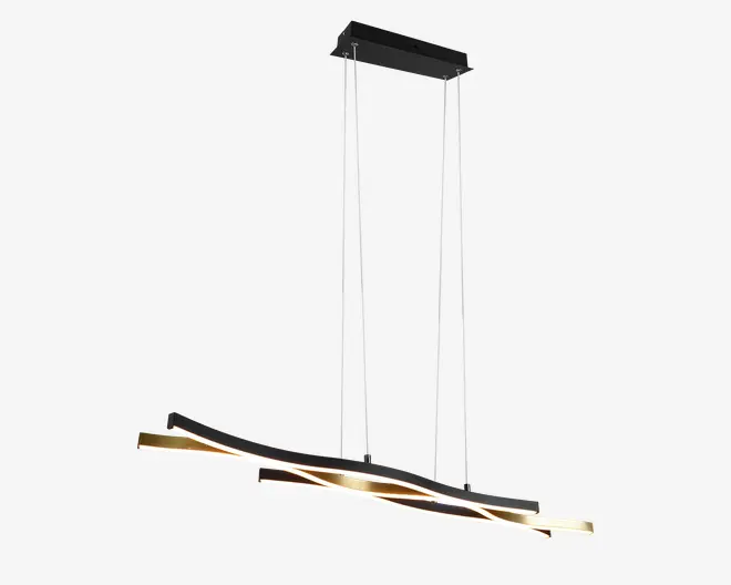 Moderne pendellampe med to sammenflettede, bølgeformede LED-stænger ophængt fra en rektangulær sort loftsroset med fire slanke, justerbare metalwirer. Stængerne har en elegant sort og gylden finish, hvilket giver et stilfuldt og nutidigt udtryk, der passer godt til spiseområder eller moderne indretning.